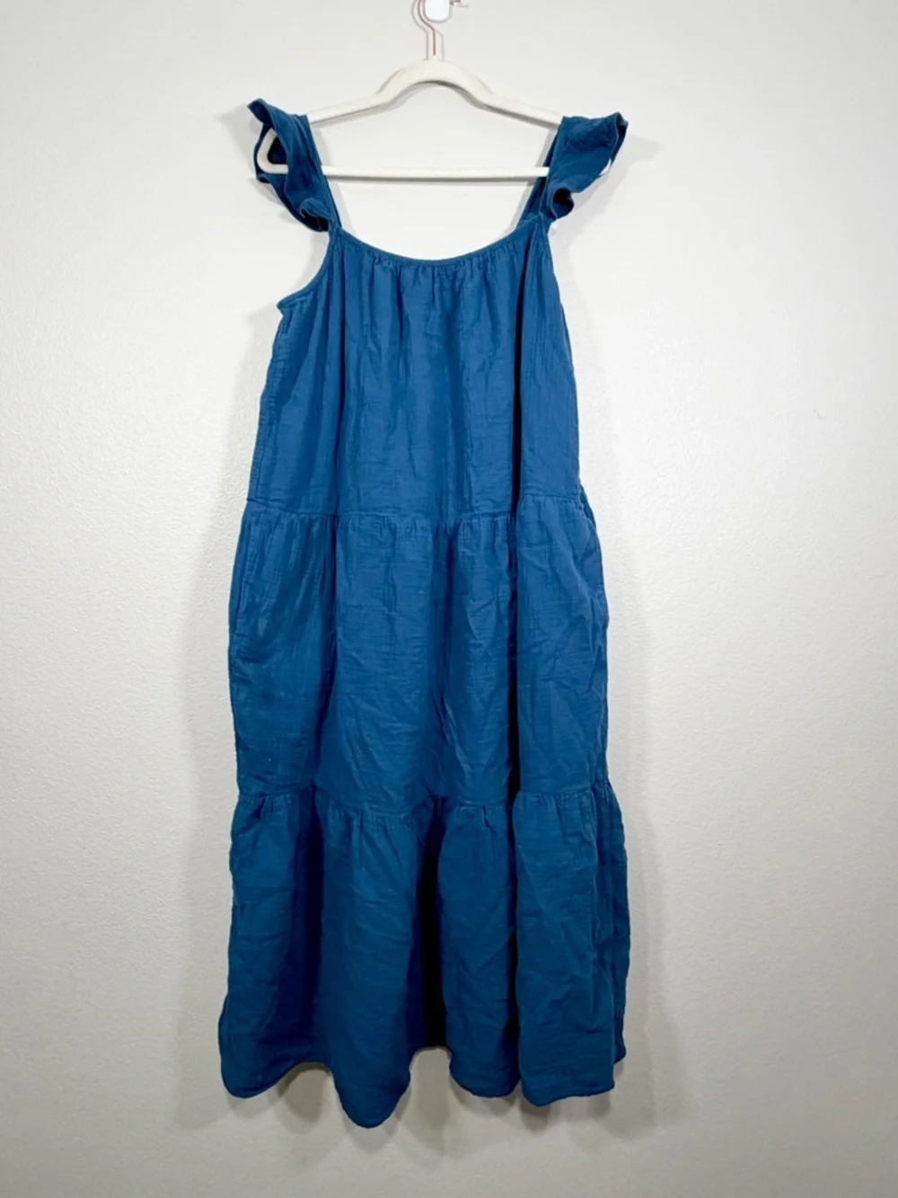 J. Crew Dress Ruffle Straps Maxi Spring Summer Pockets 100% Cotton Blue Women XL